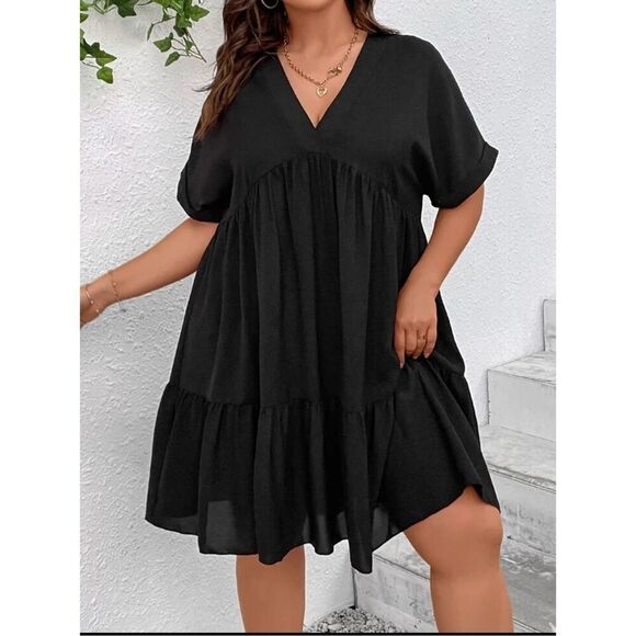 NEW Black SHEIN VCAY Plus Batwing Sleeve Ruffle Hem Smock Dress 0X - Picture 4 of 5